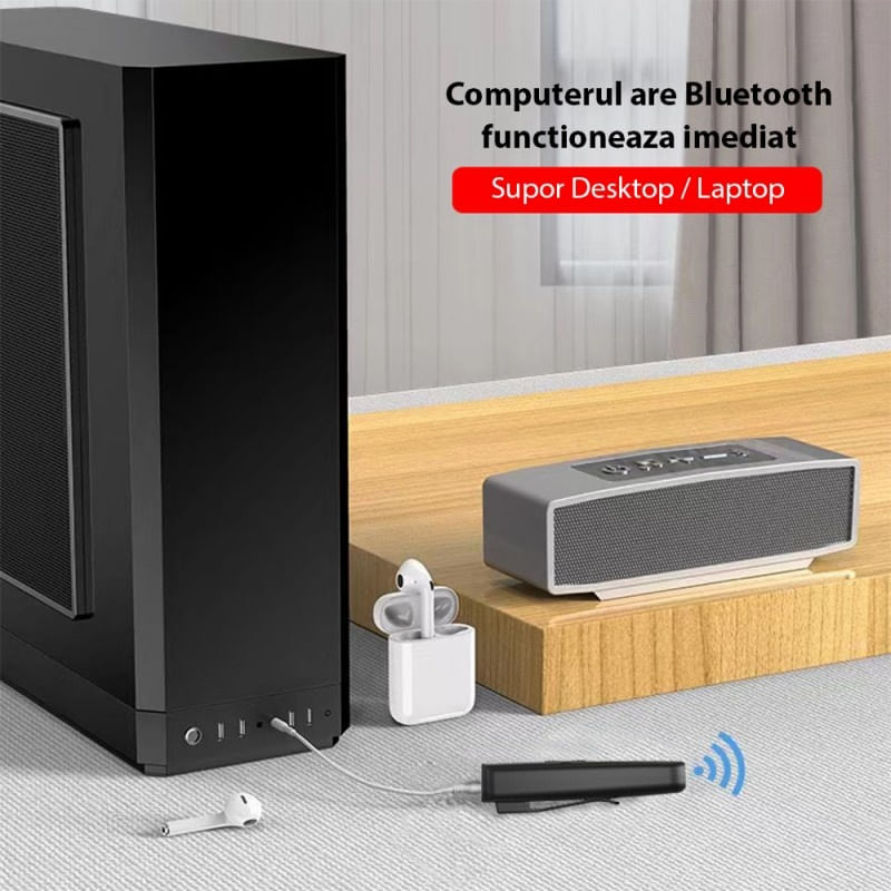 Auto si Moto - Electronice auto - Accesorii electronice auto - Transmitator receptor portabil 2 in 1 Techstar® M27, Compatibil Bluetooth 5.0, Reincarcabil, USB, AUX 3.5 mm, TV, PC - Infinity.ro