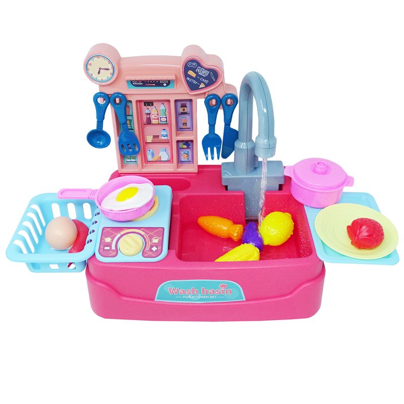 Jucarii, Copii si Bebe - Jucarii si jocuri - Jucarii de rol - Bucatarii copii - Bucatarie roz, cu robinet functional, 17 accesorii incluse, salamandra kids® - Infinity.ro