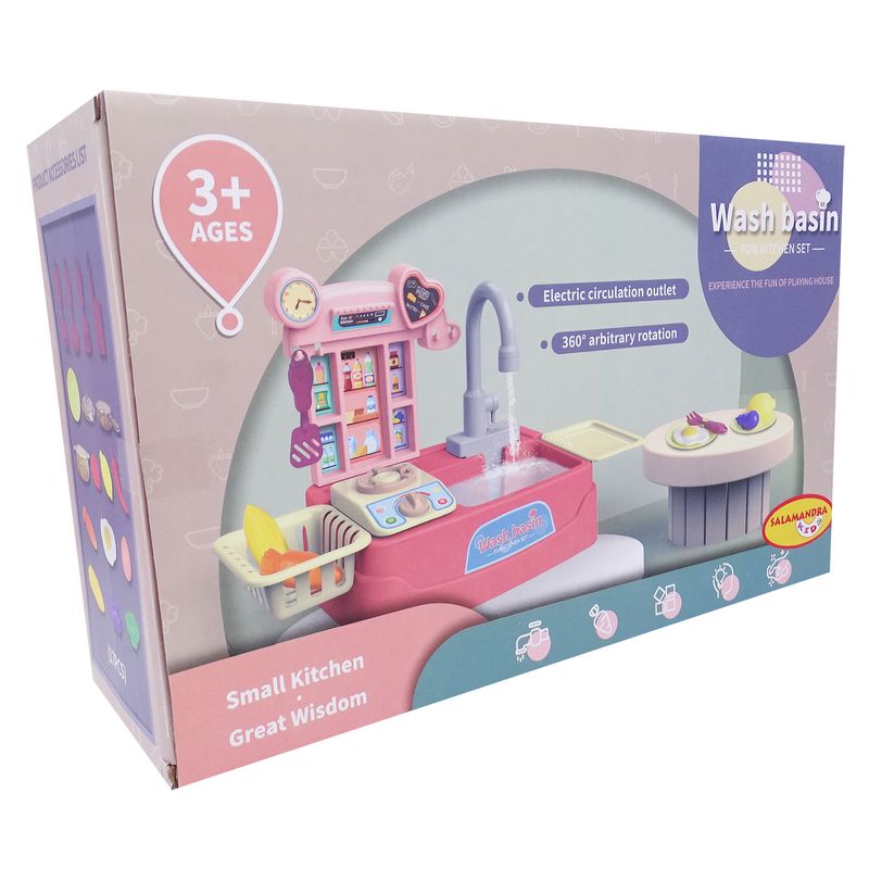 Jucarii, Copii si Bebe - Jucarii si jocuri - Jucarii de rol - Bucatarii copii - Bucatarie roz, cu robinet functional, 17 accesorii incluse, salamandra kids® - Infinity.ro