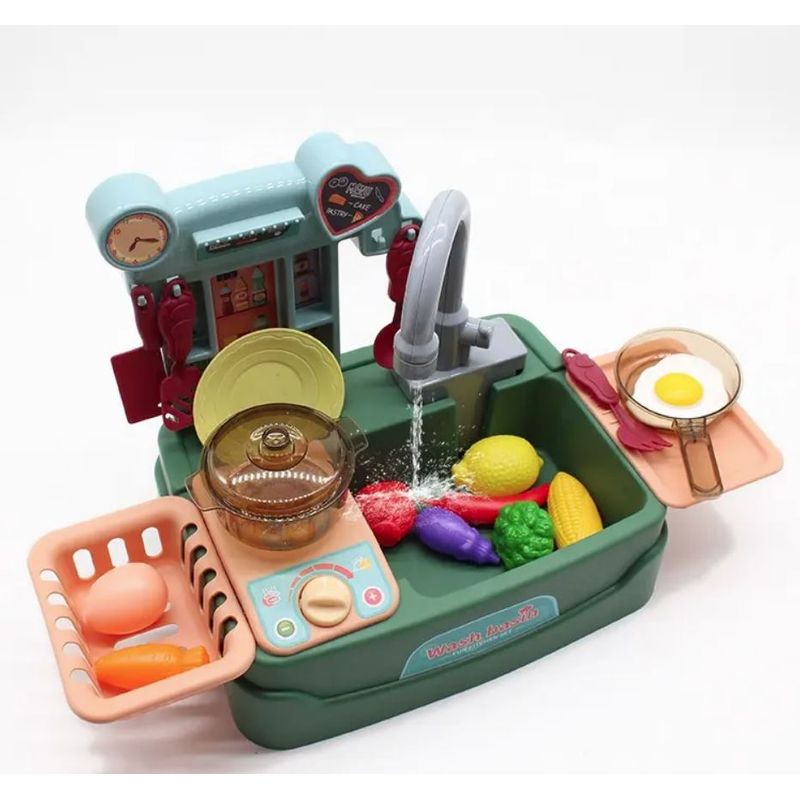 Jucarii, Copii si Bebe - Jucarii si jocuri - Jucarii de rol - Bucatarii copii - Bucatarie verde, cu robinet functional, 17 accesorii incluse, salamandra kids® - Infinity.ro