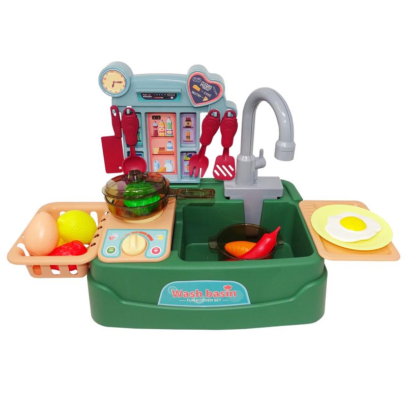 Jucarii, Copii si Bebe - Jucarii si jocuri - Jucarii de rol - Bucatarii copii - Bucatarie verde, cu robinet functional, 17 accesorii incluse, salamandra kids® - Infinity.ro