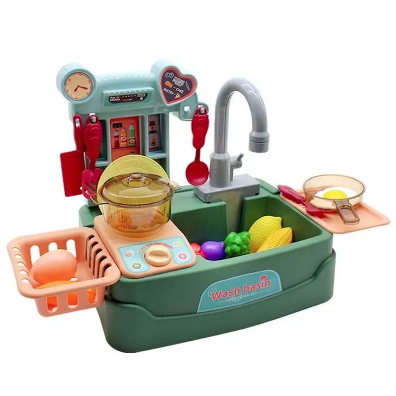 Jucarii, Copii si Bebe - Jucarii si jocuri - Jucarii de rol - Bucatarii copii - Bucatarie verde, cu robinet functional, 17 accesorii incluse, salamandra kids® - Infinity.ro