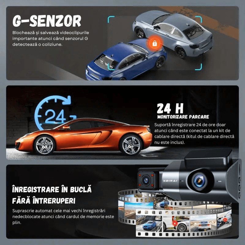 Auto si Moto - Electronice auto - Camere auto si DVR - Camera Auto Tripla BIRAI GoMotion, 2K Full HD, GPS, WiFi, Night Vision, 170°, G-Senzor, App, Fata-Spate, Negru - Infinity.ro