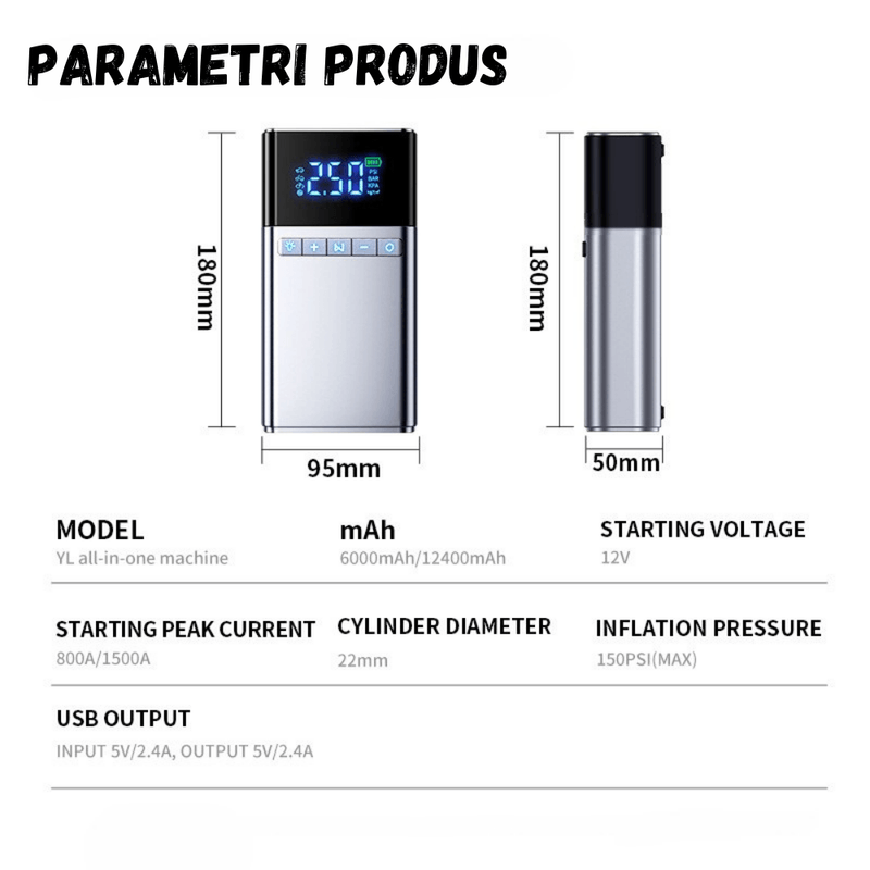 Auto si Moto - Reparatii si depanare - Redresoare - Starter Auto 12V BIRAI 4in1, 12000 mAh, 1500A, Jump Starter, Compresor, Baterie Externa, Lanterna, Kit Vulcanizare - Infinity.ro