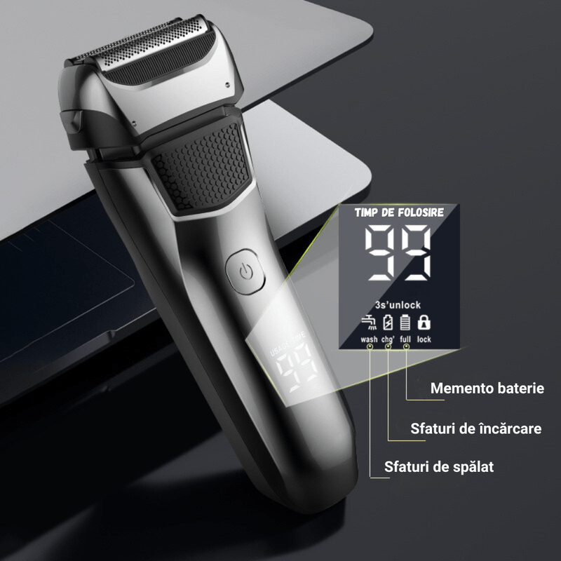 Ingrijire personala si Cosmetice - Aparate & accesorii ingrijire personala - Aparate de ras si tuns - Aparate de ras electrice - Aparat Ras Electric BIRAI FK-609, 8600 RPM, 3 Lame, LED, USB, Waterproof, Trimmer, Umed/Uscat, Negru - Infinity.ro