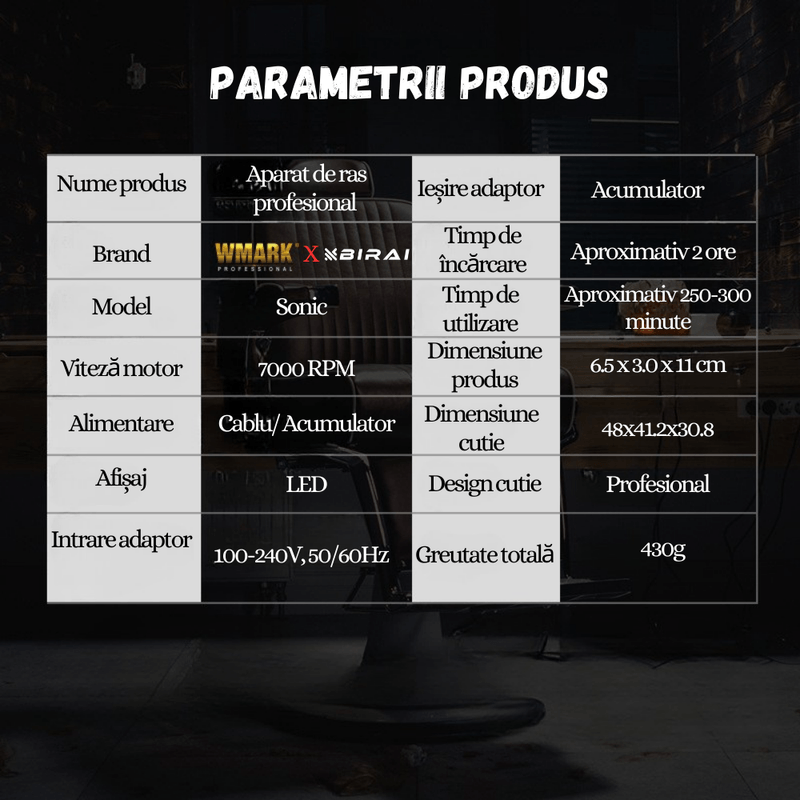 Ingrijire personala si Cosmetice - Aparate & accesorii ingrijire personala - Aparate de ras si tuns - Aparate de tuns - Masina Tuns Profesionala BIRAI Sonic, 7000 RPM, LED, USB, Rezistenta Apa, Lame Titan, Negru, Salon, Precizie, Ergonomica - Infinity.ro