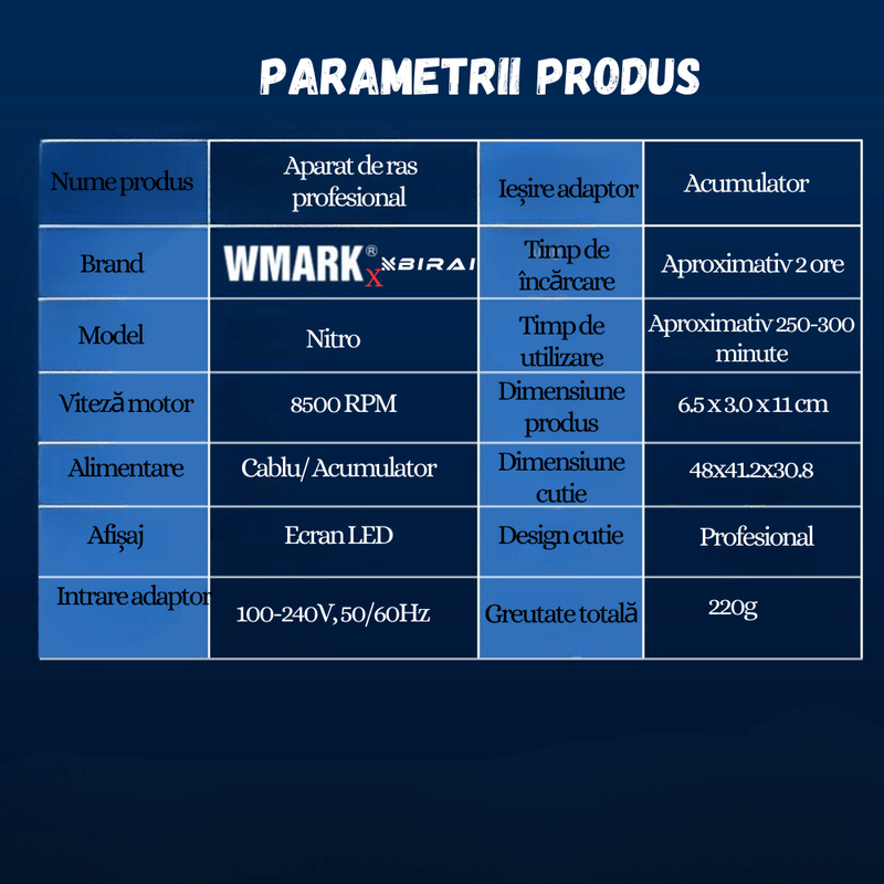 Ingrijire personala si Cosmetice - Aparate & accesorii ingrijire personala - Aparate de ras si tuns - Aparate de tuns - Masina Tuns Profesionala, 10.000 RPM, LED, Lame Titan, Zero Gap, USB Rapid, Rezistenta Apa, Albastra - Infinity.ro