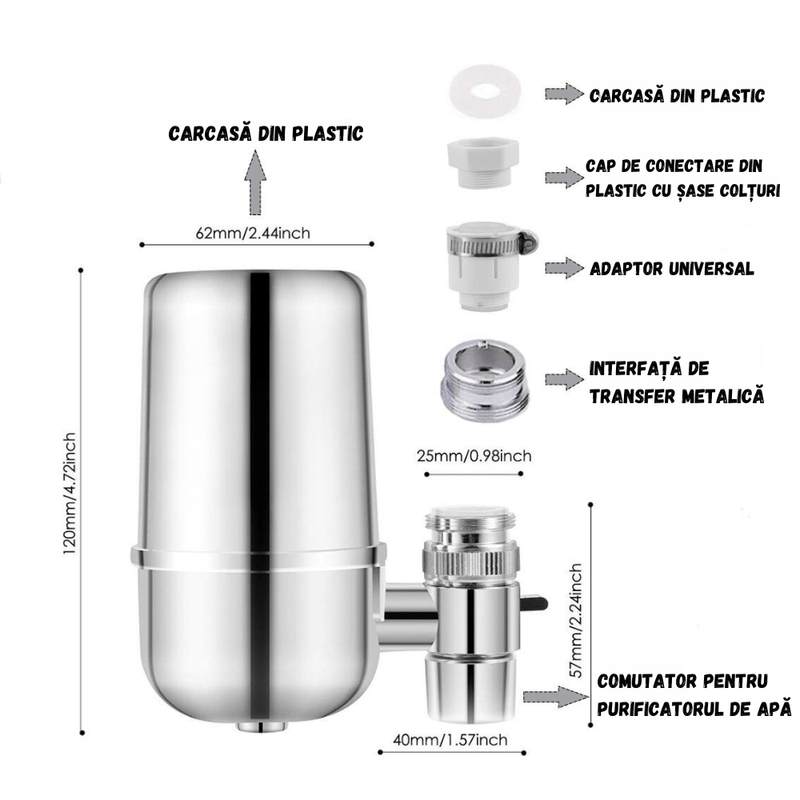 Casa si Gradina - Sanitare - Instalatii hidro - Sisteme filtrare instalatii - Filtru Apa Potabila BIRAI, Purificator Robinet, Filtru Ceramic, Clor, Mirosuri, Reutilizabil, Bucatarie, Argintiu - Infinity.ro