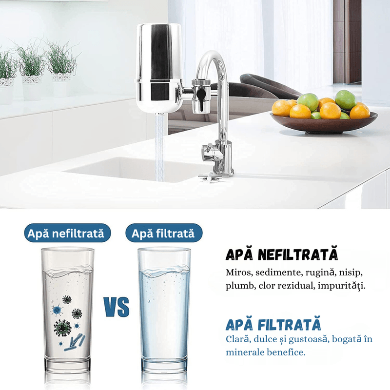 Casa si Gradina - Sanitare - Instalatii hidro - Sisteme filtrare instalatii - Filtru Apa Potabila BIRAI, Purificator Robinet, Filtru Ceramic, Clor, Mirosuri, Reutilizabil, Bucatarie, Argintiu - Infinity.ro