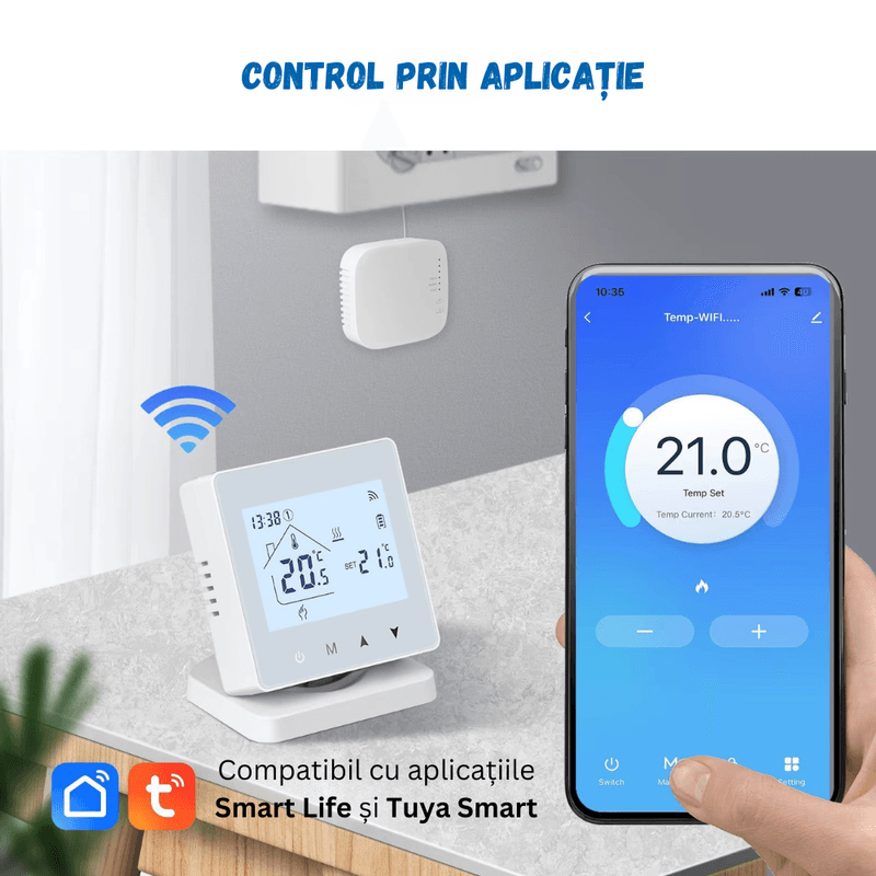 Casa si Gradina - Termice - Centrale termice si accesorii - Accesorii incalzire - Termostat Inteligent BIRAI®, WiFi, Control App Tuya/Smart Life, Alexa/Google, Centrala, Receiver, Alb, Programabil - Infinity.ro