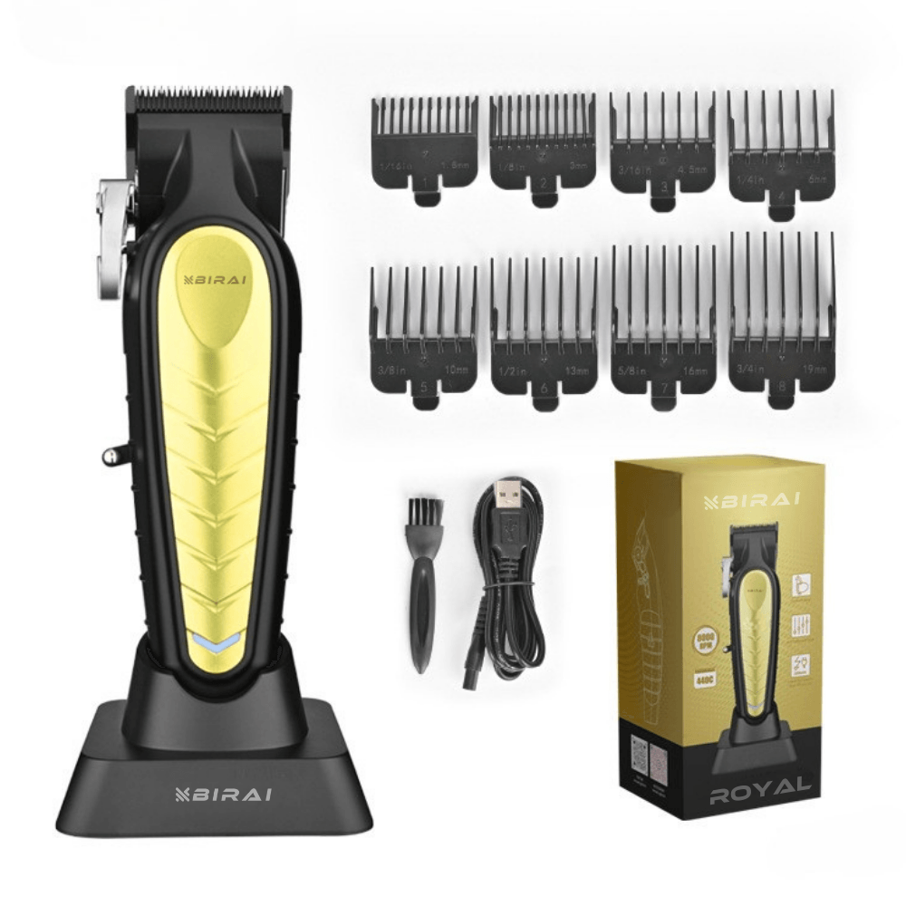 Masina Tuns Profesionala BIRAI Royal, 8000 RPM, LED, USB, Lame Titan, Negru, Rezistenta Apa, Precizie, Salon