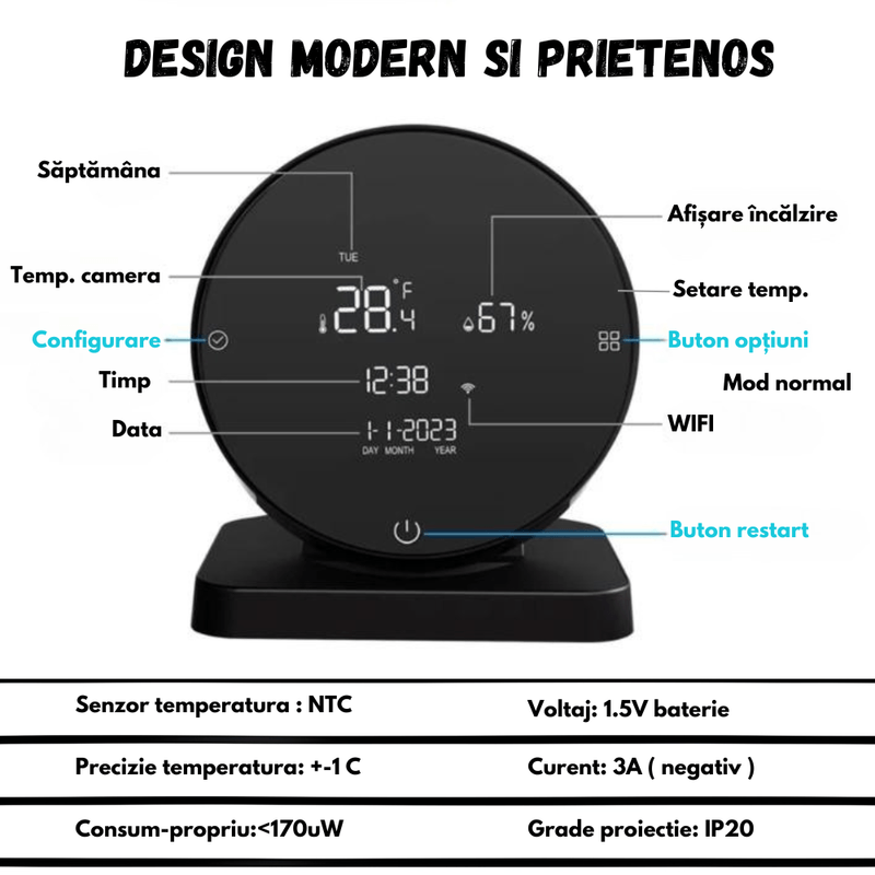Casa si Gradina - Termice - Centrale termice si accesorii - Accesorii incalzire - Termostat Inteligent BIRAI®, WiFi, Control prin App Tuya/Smart Life, Compatibil Alexa, Google, Centrala, Negru - Infinity.ro
