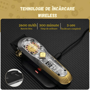 Masina Tuns Profesionala BIRAI ROULETTE, 9000 RPM, Lame Titan, LED, Wireless, USB, 300 Min, Rezistenta Apa, Negru