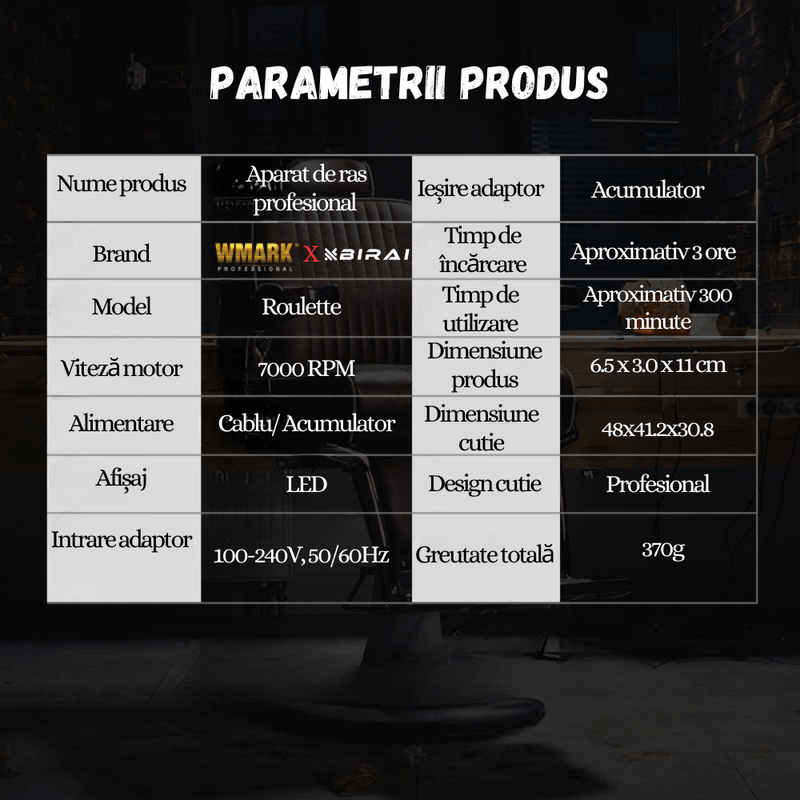 Ingrijire personala si Cosmetice - Aparate & accesorii ingrijire personala - Aparate de ras si tuns - Aparate de tuns - Masina Tuns Profesionala BIRAI ROULETTE, 9000 RPM, Lame Titan, LED, Wireless, USB, 300 Min, Rezistenta Apa, Negru - Infinity.ro