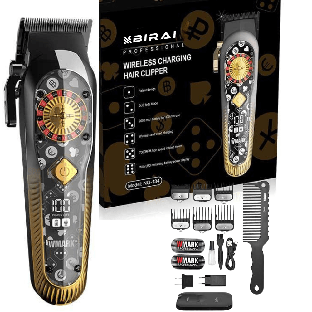 Masina Tuns Profesionala BIRAI ROULETTE, 9000 RPM, Lame Titan, LED, Wireless, USB, 300 Min, Rezistenta Apa, Negru