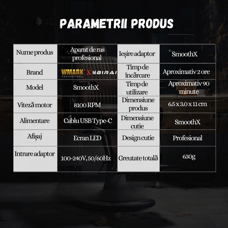 Ingrijire personala si Cosmetice - Aparate & accesorii ingrijire personala - Aparate de ras si tuns - Aparate de ras electrice - Aparat Ras Electric Profesional BIRAI SmoothX, 8100 RPM, LED, USB, Lame Duble, Umed/Uscat, Smart Care, Waterproof, Negru - Infinity.ro