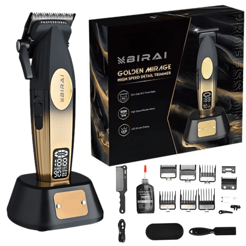 Ingrijire personala si Cosmetice - Aparate & accesorii ingrijire personala - Aparate de ras si tuns - Aparate de tuns - Masina de Tuns Profesionala BIRAI Golden Mirage, 9000 RPM, LED, USB, Rezistenta la Apa, Lame Titan, Gold - Infinity.ro