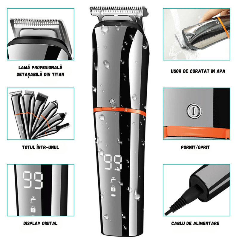 Ingrijire personala si Cosmetice - Aparate & accesorii ingrijire personala - Aparate de ras si tuns - Seturi complete de ras & tuns - Masina Tuns si Ras 6in1 BIRAI LK-860, LED, Lame Titan, USB, 99 Min, Rezistenta Apa, Trimer, Shaver, Argintiu - Infinity.ro