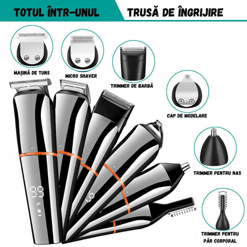 Ingrijire personala si Cosmetice - Aparate & accesorii ingrijire personala - Aparate de ras si tuns - Seturi complete de ras & tuns - Masina Tuns si Ras 6in1 BIRAI LK-860, LED, Lame Titan, USB, 99 Min, Rezistenta Apa, Trimer, Shaver, Argintiu - Infinity.ro