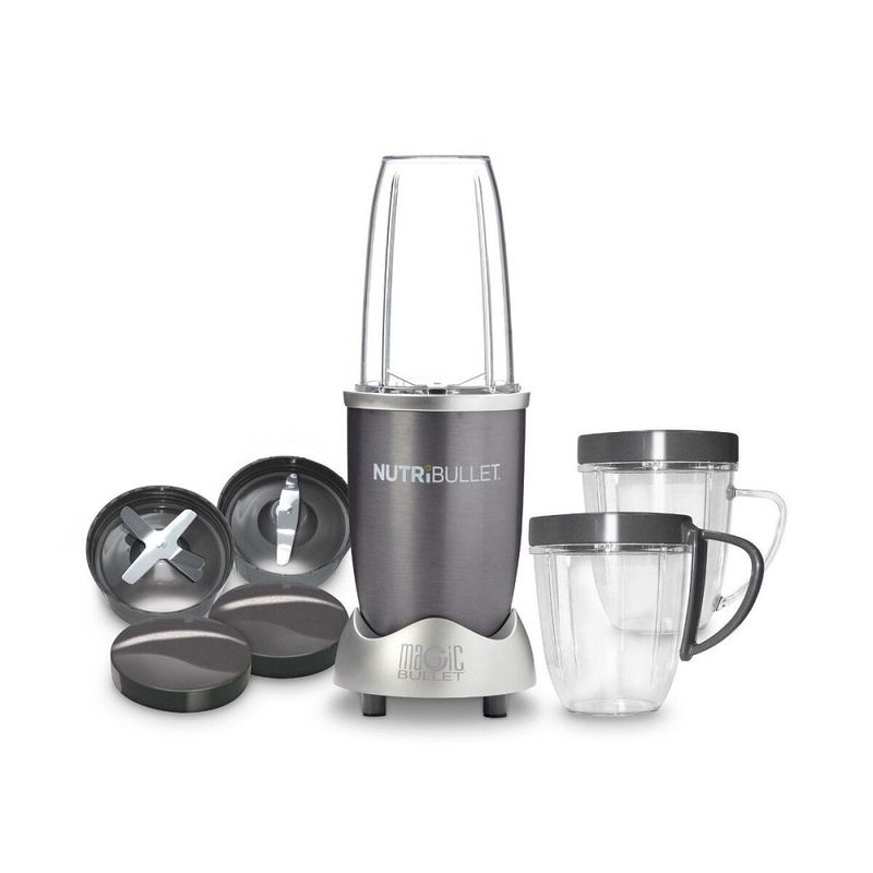 Electronice si Electrocasnice - Electrocasnice bucatarie - Mixere, tocatoare & roboti de bucatarie - Blendere si mini tocatoare - Set cu Blender Nutribullet si multe accesorii, Multifunctional, Putere 600W, vas 0.7L, 12 piese, 1 viteza, gri - Infinity.ro