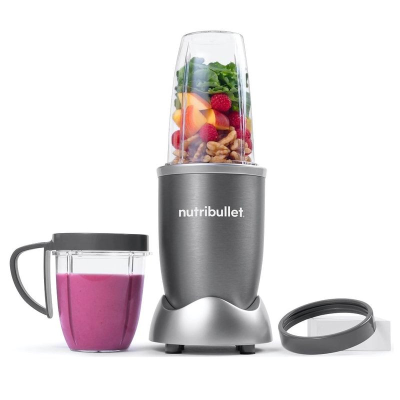 Electronice si Electrocasnice - Electrocasnice bucatarie - Mixere, tocatoare & roboti de bucatarie - Blendere si mini tocatoare - Set cu Blender Nutribullet si multe accesorii, Multifunctional, Putere 600W, vas 0.7L, 12 piese, 1 viteza, gri - Infinity.ro