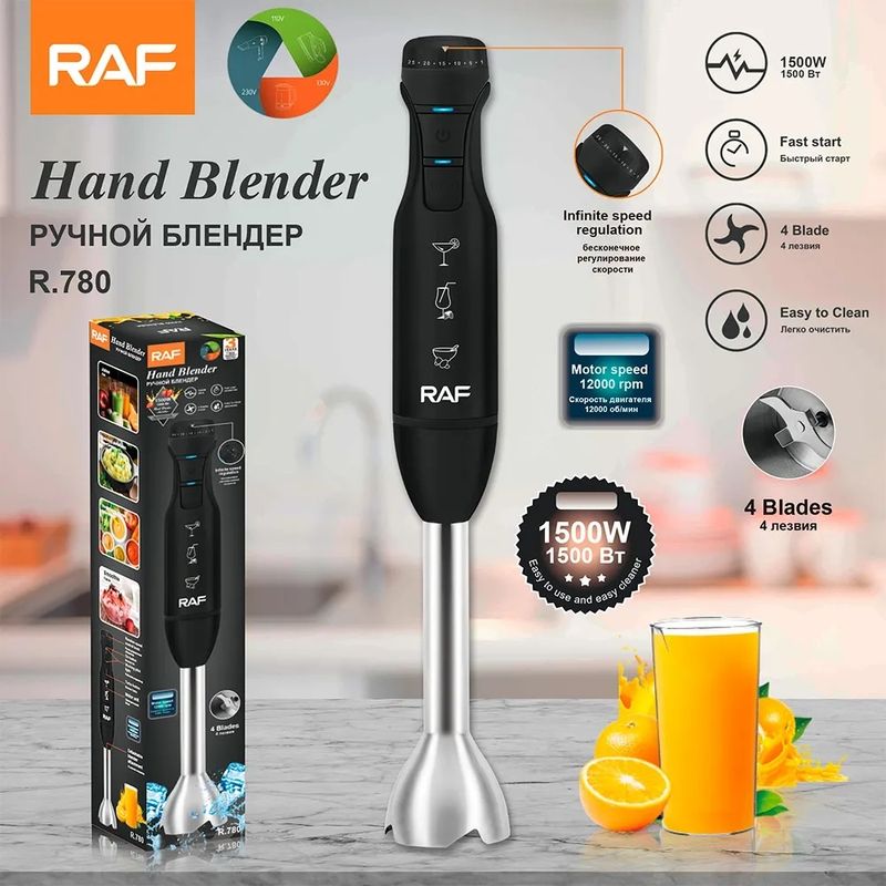 Electronice si Electrocasnice - Electrocasnice bucatarie - Mixere, tocatoare & roboti de bucatarie - Blendere si mini tocatoare - Blender vertical de mana, RAF R780, 1500W, 12000rpm, 4 lame, din otel inoxidabil, 42x6cm, negru - Infinity.ro