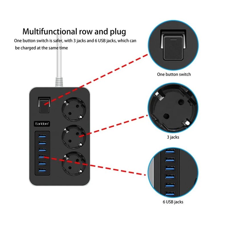 Casa si Gradina - Electrice - Accesorii electrice - Prelungitoare, triple, fise - Prelungitor cu 6 porturi USB si 3 prize, 3000W, 3.1A, 1.8m, protectie copii si impamantare,15.8x9.8x3.8 cm, negru cu gri - Infinity.ro