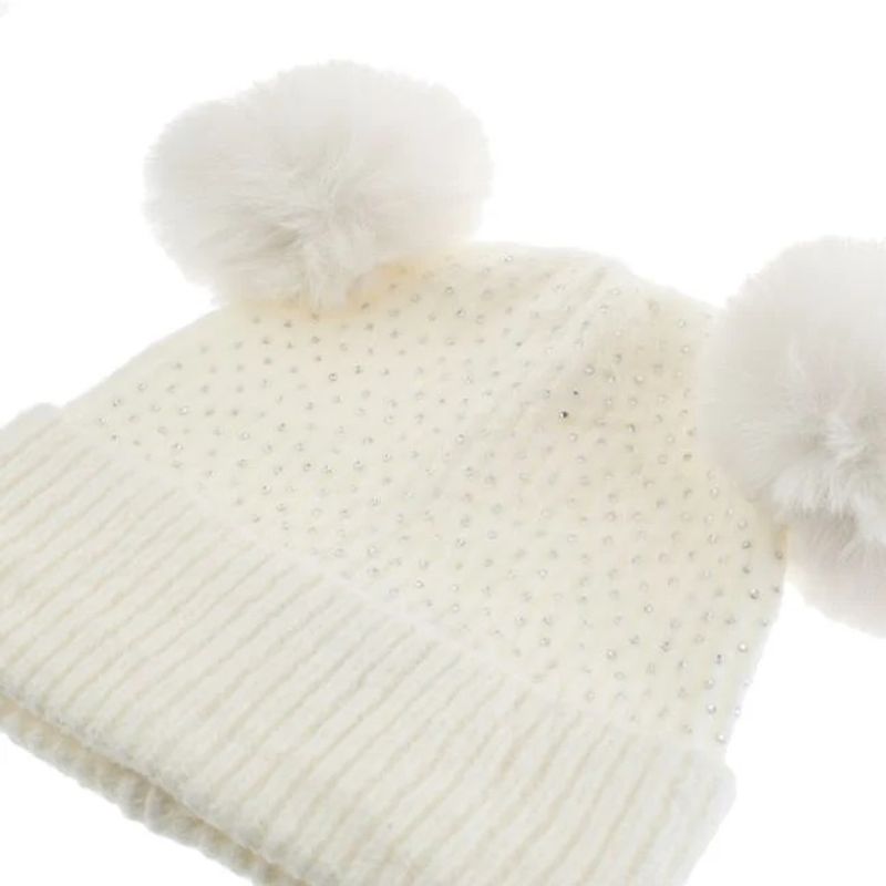Fashion, accesorii si bijuterii - Copii - Accesorii copii - Caciuli si palarii copii - Set Caciula cu Strasuri, Urechi Pompon si Fular, captuseala fleece, 6 ani, ecru - Infinity.ro