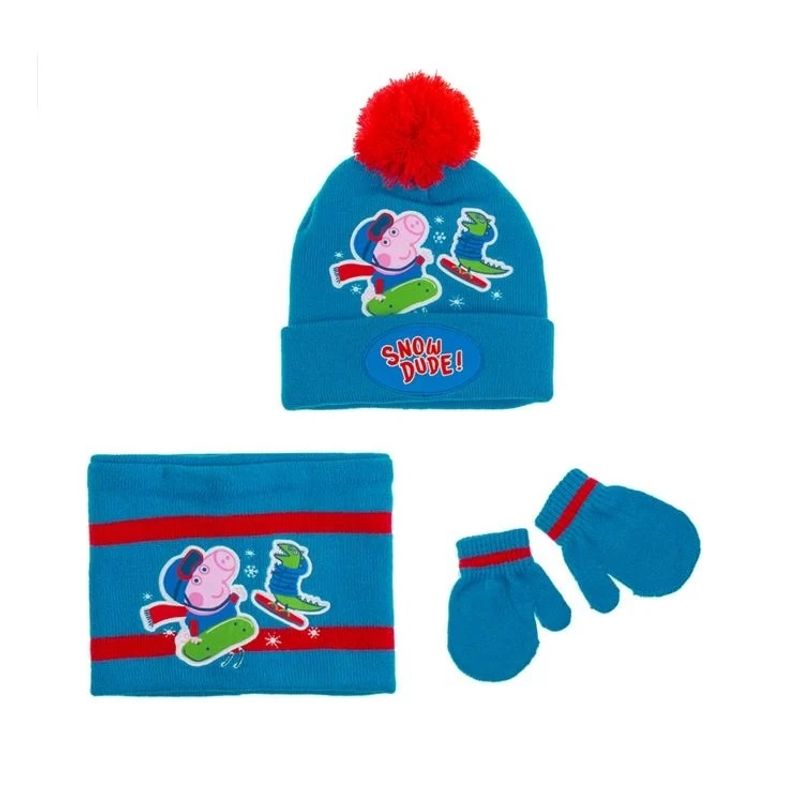 Fashion, accesorii si bijuterii - Copii - Accesorii copii - Caciuli si palarii copii - Set Caciula, Fular Circular si Manusi, Peppa & George the Pig, 12 Luni, albastru/rosu - Infinity.ro