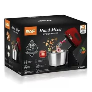 Mixer 2 in 1, RAF R6637R, de mana si masa, 250W, 7 viteze, 2 teluri, bol de 2L din inox, rosu-negru