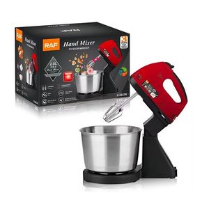 Mixer 2 in 1, RAF R6637R, de mana si masa, 250W, 7 viteze, 2 teluri, bol de 2L din inox, rosu-negru