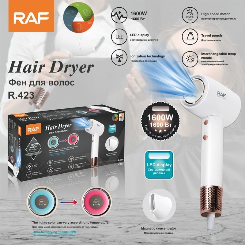 Ingrijire personala si Cosmetice - Aparate & accesorii ingrijire personala - Hair styling - Uscatoare de par - Uscator de par, RAF R423, 1600W, 33.5x16x8cm, 2 viteze si 3 trepte de temperatura, 1 cap magnetic, alb - Infinity.ro