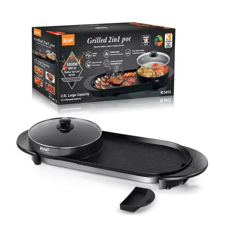 Electronice si Electrocasnice - Aragazuri, cuptoare si hote - Plite incorporabile - Plite electrice - Plita electrica, RAF R5413, 1800 W, 2.5 L capacitate, cu capac, 160℃-220℃, 70x25x10 cm, negru - Infinity.ro