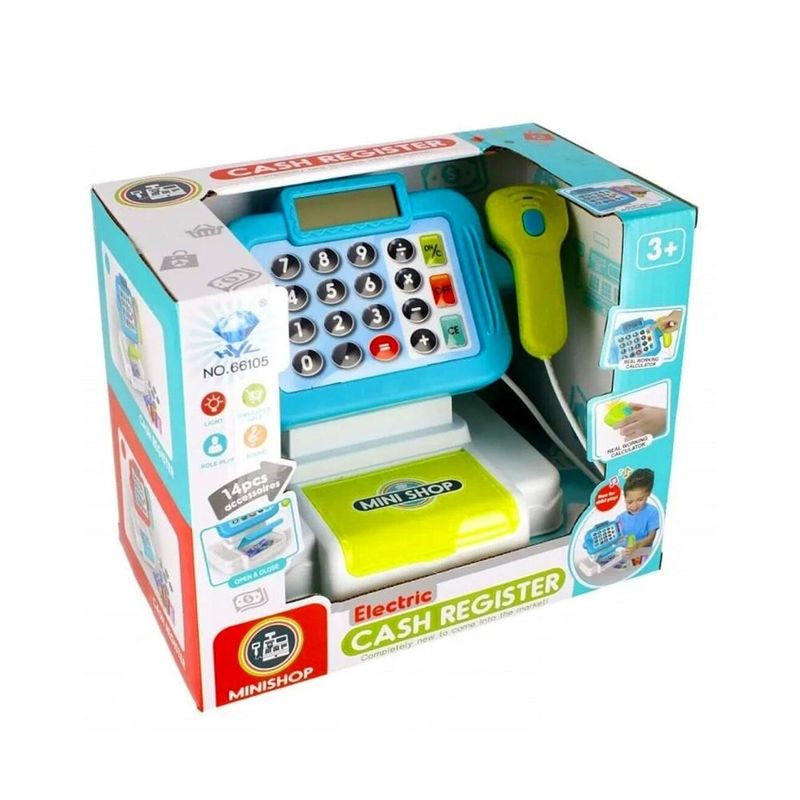 Jucarii, Copii si Bebe - Jucarii si jocuri - Jucarii de rol - Set joaca supermarket - Set de joaca supermarket cu casa de marcat si 21 accesorii, cu lumini, 33x20x14.5cm, Albastru - Infinity.ro