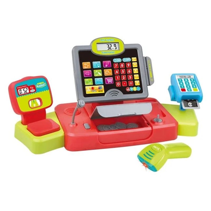 Jucarii, Copii si Bebe - Jucarii si jocuri - Jucarii de rol - Set joaca supermarket - Casa de marcat de jucarie, cu sunet si lumina, include 23 piese, 48x18x26cm, multicolor - Infinity.ro
