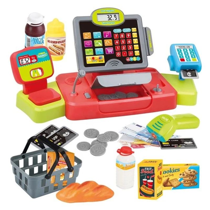 Jucarii, Copii si Bebe - Jucarii si jocuri - Jucarii de rol - Set joaca supermarket - Casa de marcat de jucarie, cu sunet si lumina, include 23 piese, 48x18x26cm, multicolor - Infinity.ro