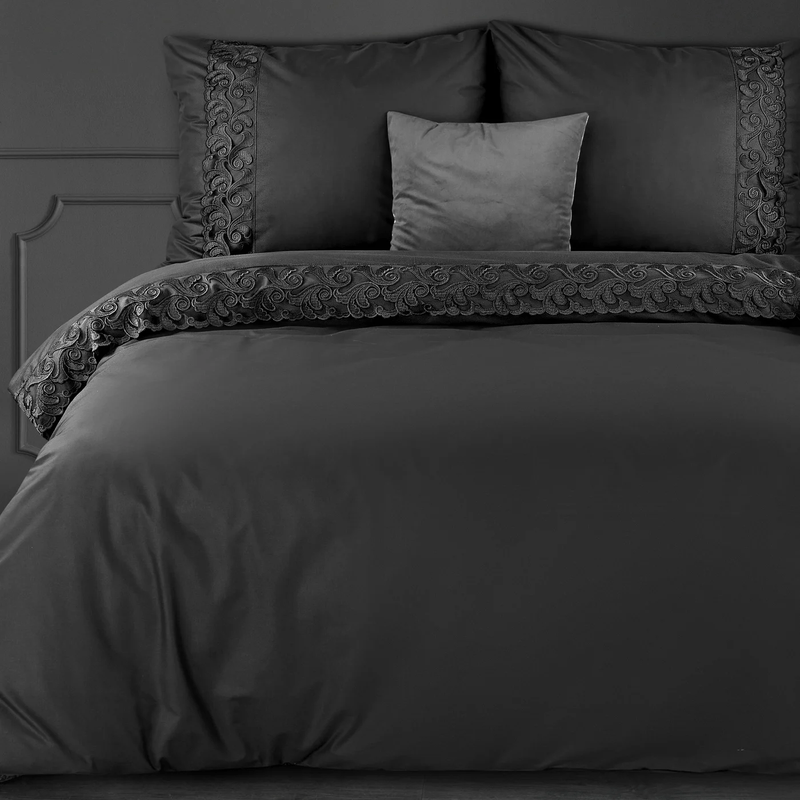 Casa si Gradina - Textile si covoare - Lenjerii de pat - Seturi de lenjerie - Lenjerie PREMIUM LANA din bumbac ranforce decorat cu dantela eleganta,1 husa plapuma + 2 fete perna, 160 x 200 cm, gri inchis - Infinity.ro