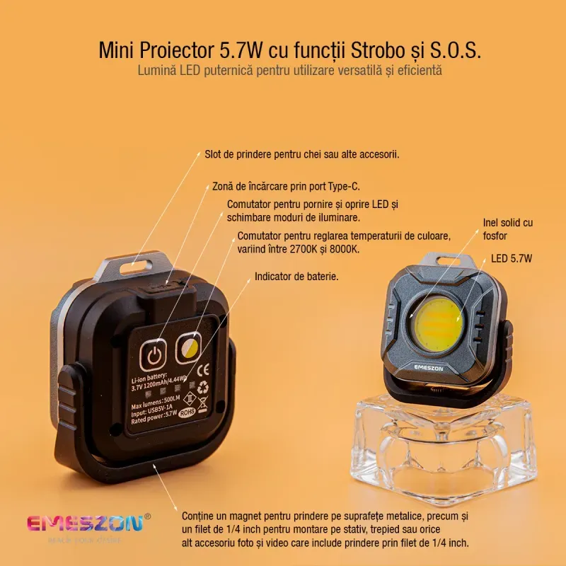 Casa si Gradina - Corpuri si surse de iluminat - Iluminat comercial si industrial - Proiectoare si lampi de lucru - Mini Proiector Lanterna LED Tricolor + Rosu 5.7W, EMESZON®, Strobo, SOS, prindere Magnet, Stativ, albastru-negru - Infinity.ro