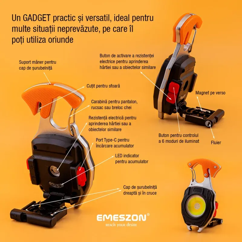 Sport si Outdoor - Camping - Articole solare camping - Lampi si lanterne camping - Lanterna versatila COB LED 40W, tip Gadget, EMESZON® CRW5147, 6 Moduri iluminare, Breloc, Kit supravietuire, portocaliu - Infinity.ro