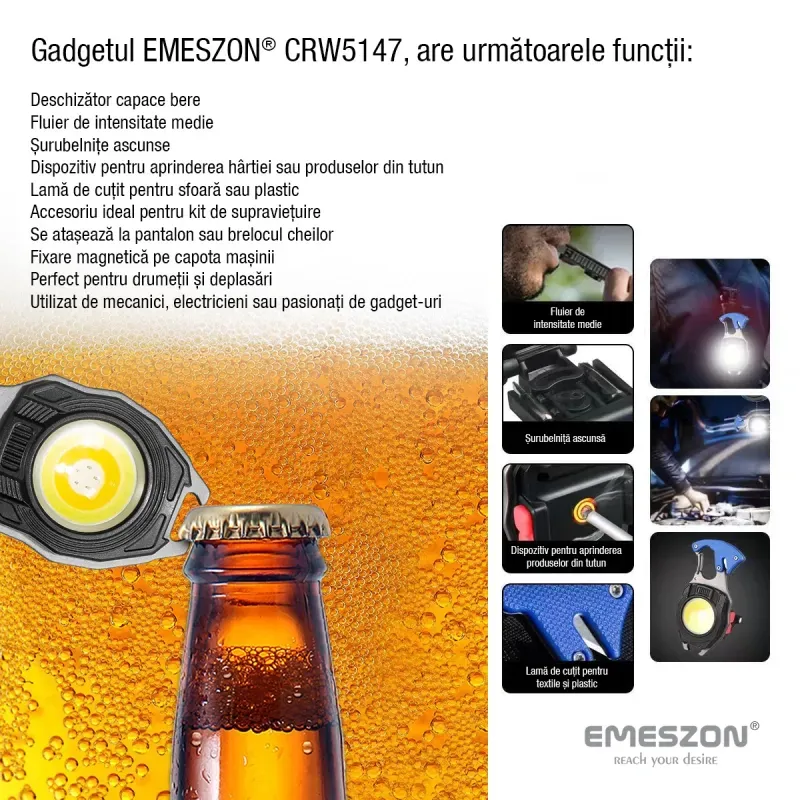 Sport si Outdoor - Camping - Articole solare camping - Lampi si lanterne camping - Lanterna versatila COB LED 40W, tip Gadget, EMESZON® CRW5147, 6 Moduri iluminare, Breloc, Kit supravietuire, portocaliu - Infinity.ro