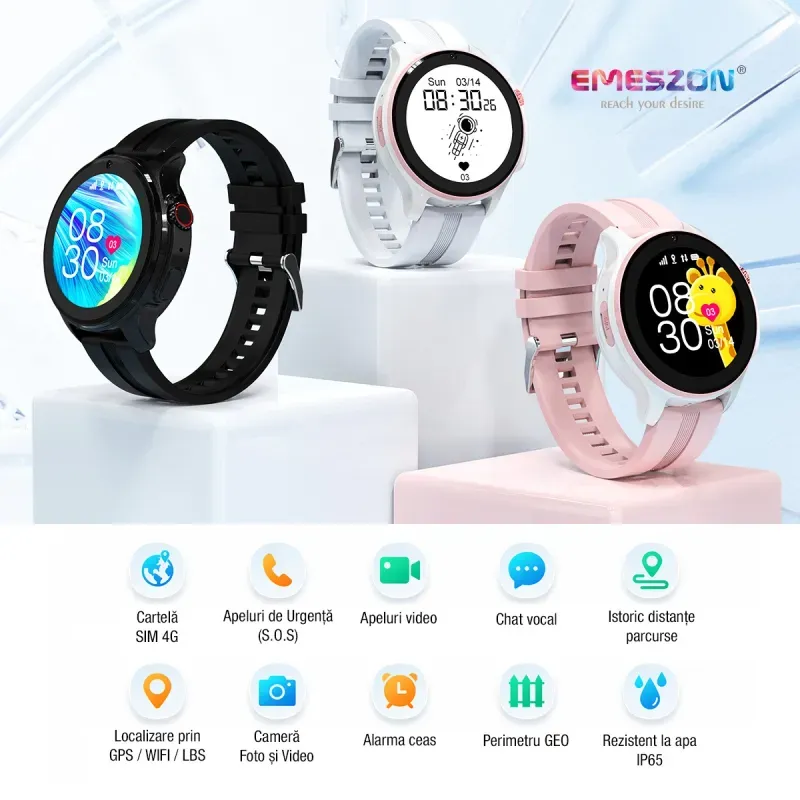 Laptop, Telefoane si Tablete - Wearables si gadgeturi - Wearables - Smartwatch-uri - Ceas inteligent SmartWatch SIM 4G LTE Emeszon® A22, localizare Copii si Adulti prin GPS, Apel Video SOS, LBS, Wi-Fi, Alb - Infinity.ro