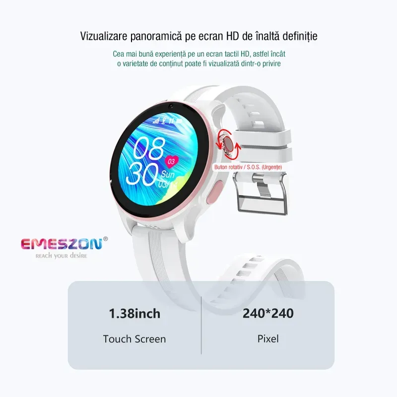 Laptop, Telefoane si Tablete - Wearables si gadgeturi - Wearables - Smartwatch-uri - Ceas inteligent SmartWatch SIM 4G LTE Emeszon® A22, localizare Copii si Adulti prin GPS, Apel Video SOS, LBS, Wi-Fi, Alb - Infinity.ro