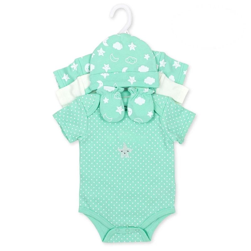 Fashion, accesorii si bijuterii - Copii - Imbracaminte copii - Body-uri copii - Set cadou bebe 5 piese bumbac model stele si nori 3-6 luni - Infinity.ro