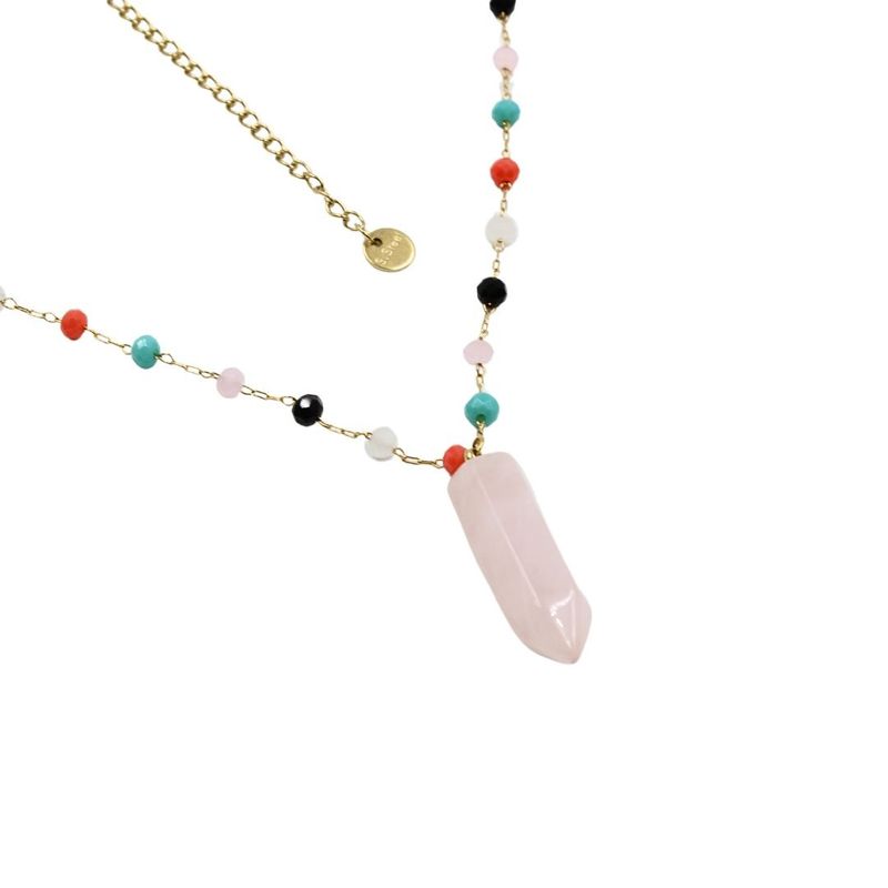 Fashion, accesorii si bijuterii - Femei - Bijuterii femei - Coliere femei - Colier cu pietre colorate si pandantiv roz, din otel inoxidabil, placat cu aur 14K, Ecarla, NST1604 - Infinity.ro