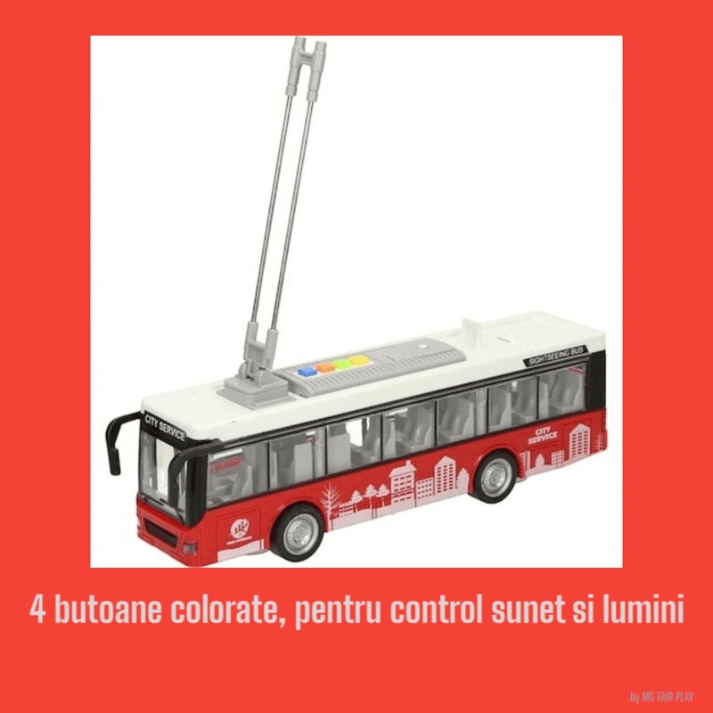 Jucarii, Copii si Bebe - Jucarii si jocuri - Vehicule si jucarii cu telecomanda - Trenulete de jucarie - Troleibus electric kidsnplay, lungime 29 cm, cu 4 butoane pentru control sunete si lumini, rosu multicolor, 3 ani+ - Infinity.ro