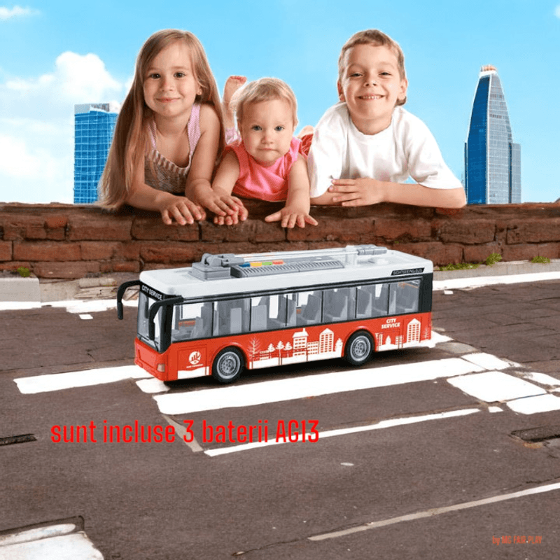 Jucarii, Copii si Bebe - Jucarii si jocuri - Vehicule si jucarii cu telecomanda - Trenulete de jucarie - Troleibus electric kidsnplay, lungime 29 cm, cu 4 butoane pentru control sunete si lumini, rosu multicolor, 3 ani+ - Infinity.ro