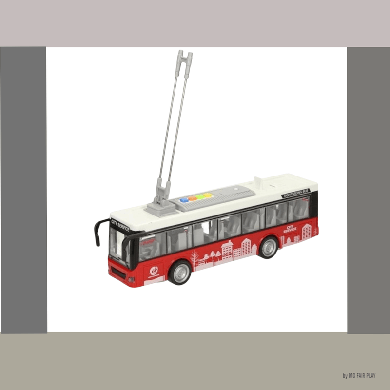 Jucarii, Copii si Bebe - Jucarii si jocuri - Vehicule si jucarii cu telecomanda - Trenulete de jucarie - Troleibus electric kidsnplay, lungime 29 cm, cu 4 butoane pentru control sunete si lumini, rosu multicolor, 3 ani+ - Infinity.ro