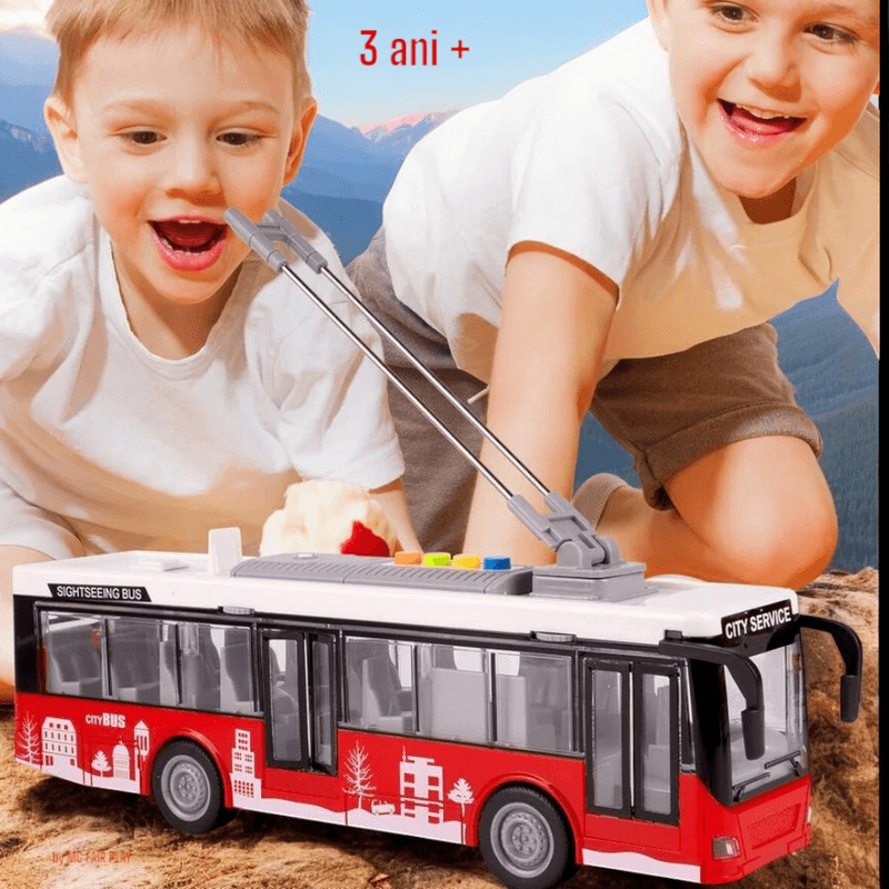 Jucarii, Copii si Bebe - Jucarii si jocuri - Vehicule si jucarii cu telecomanda - Trenulete de jucarie - Troleibus electric kidsnplay, lungime 29 cm, cu 4 butoane pentru control sunete si lumini, rosu multicolor, 3 ani+ - Infinity.ro