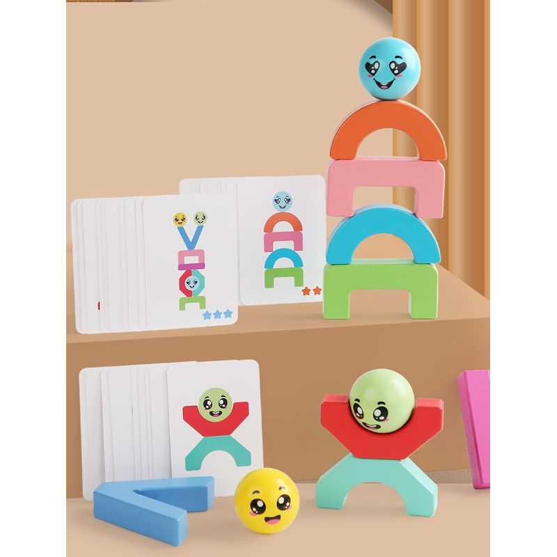 Jucarii, Copii si Bebe - Jucarii si jocuri - Seturi de constructie si cuburi - Seturi de constructie - Blocuri creative de echilibru din lemn, Smiley Face, 11 piese, cartonase cu modele, multicolor, 3 ani +, EduJucarii - Infinity.ro