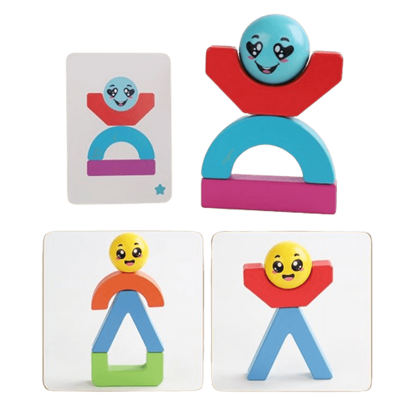 Jucarii, Copii si Bebe - Jucarii si jocuri - Seturi de constructie si cuburi - Seturi de constructie - Blocuri creative de echilibru din lemn, Smiley Face, 11 piese, cartonase cu modele, multicolor, 3 ani +, EduJucarii - Infinity.ro